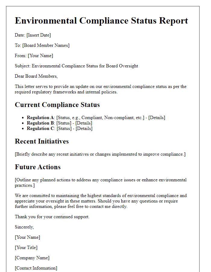 Letter template of environmental compliance status for board oversight