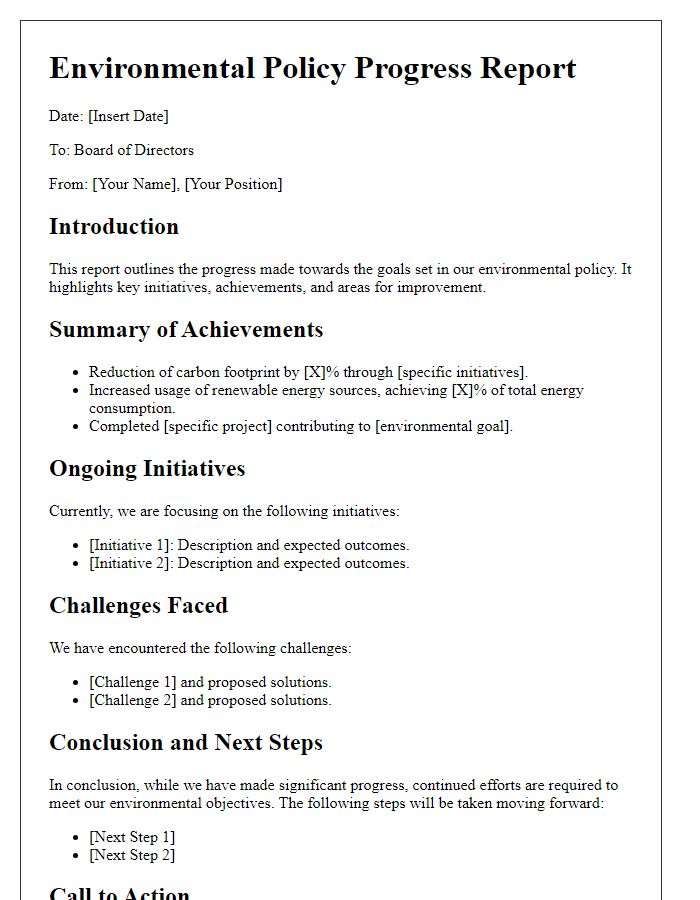 Letter template of environmental policy progress report for board directors