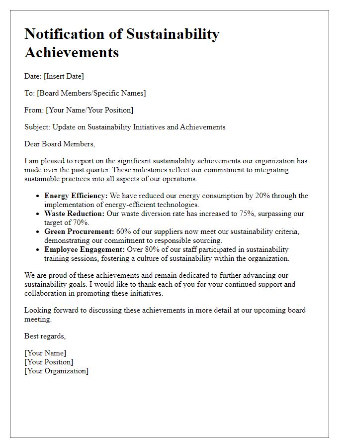 Letter template of sustainability achievements for board notification