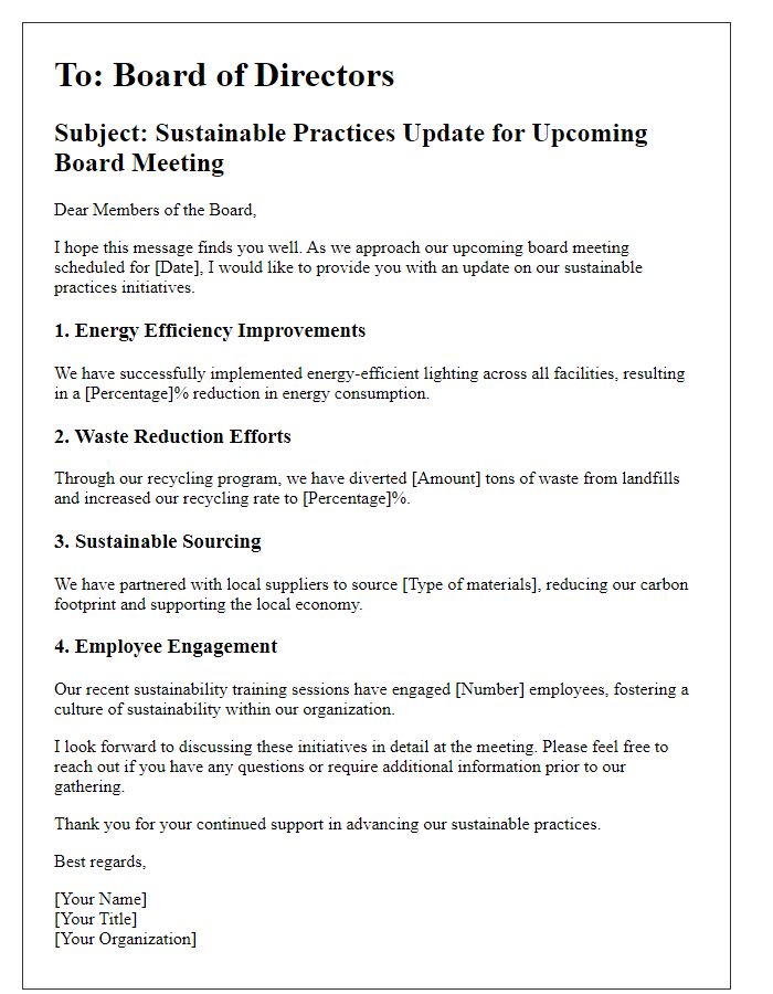 Letter template of sustainable practices update for board meeting