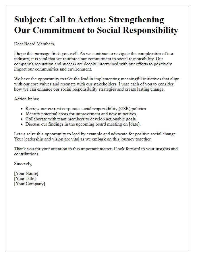 Letter template of call to action for board directors regarding social responsibility initiative