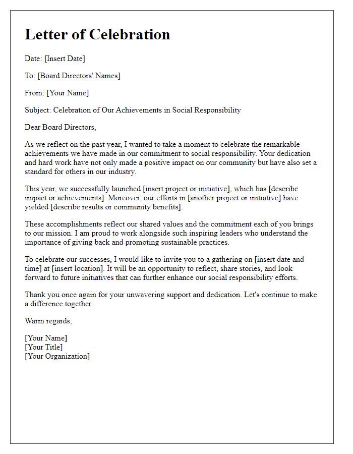 Letter template of celebration of achievements in social responsibility by board directors