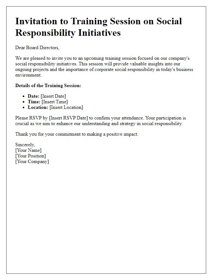 Letter template of training session invitation for board directors on social responsibility initiatives