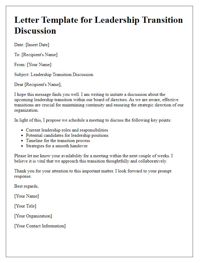 Letter template of board director leadership transition discussion