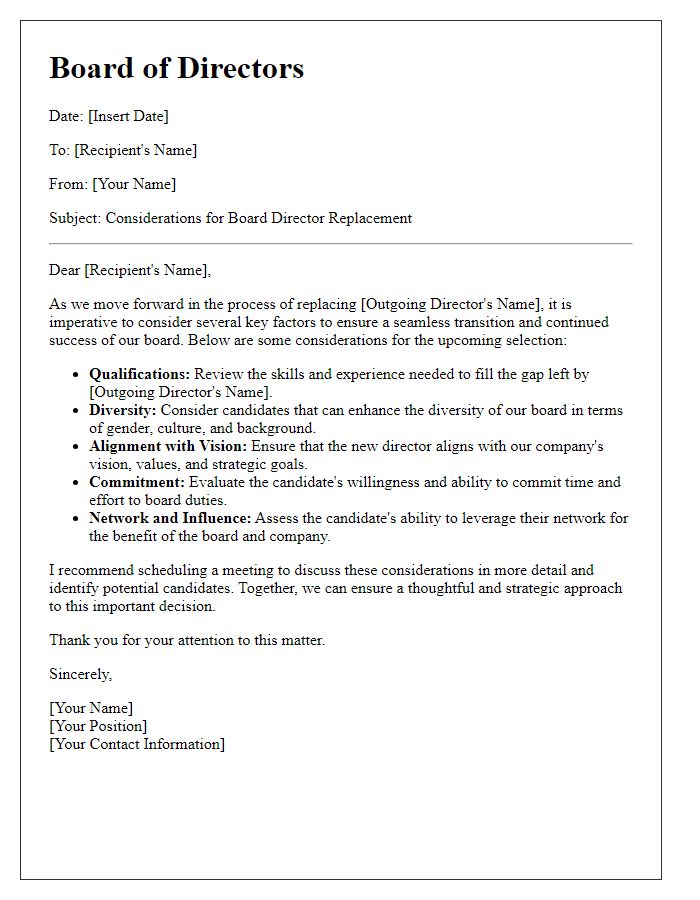 Letter template of board director replacement considerations