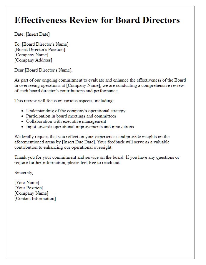 Letter template of effectiveness review for board directors on operations