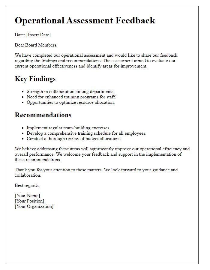 Letter template of operational assessment feedback for board members