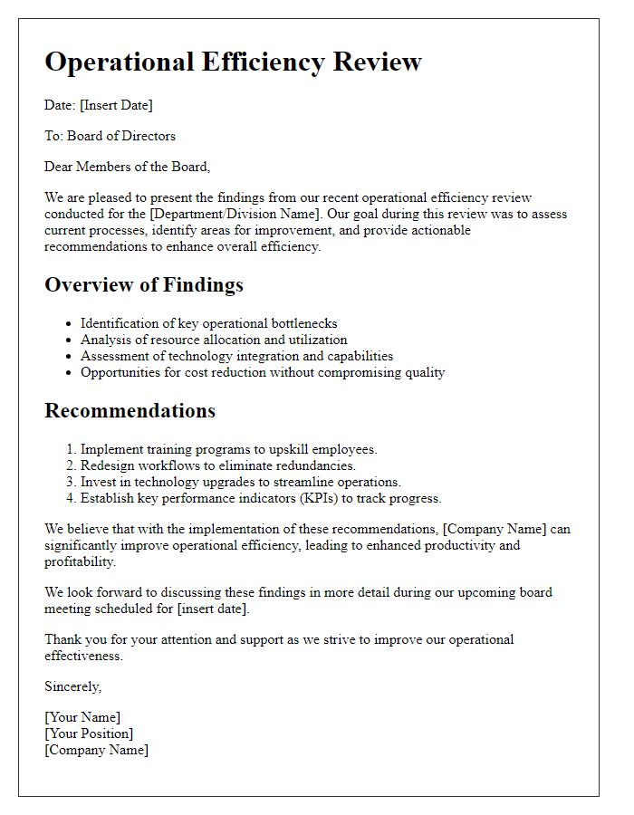 Letter template of operational efficiency review for board of directors