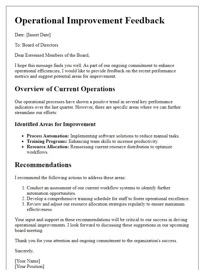 Letter template of operational improvement feedback for the board of directors