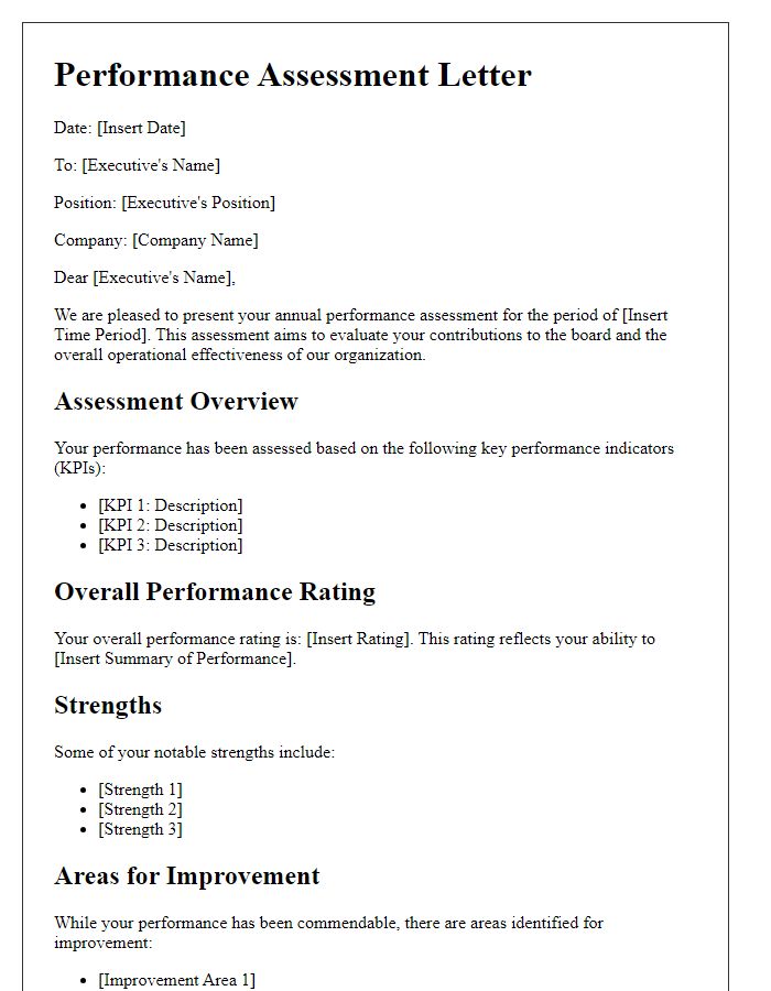 Letter template of performance assessment for operational executives on the board