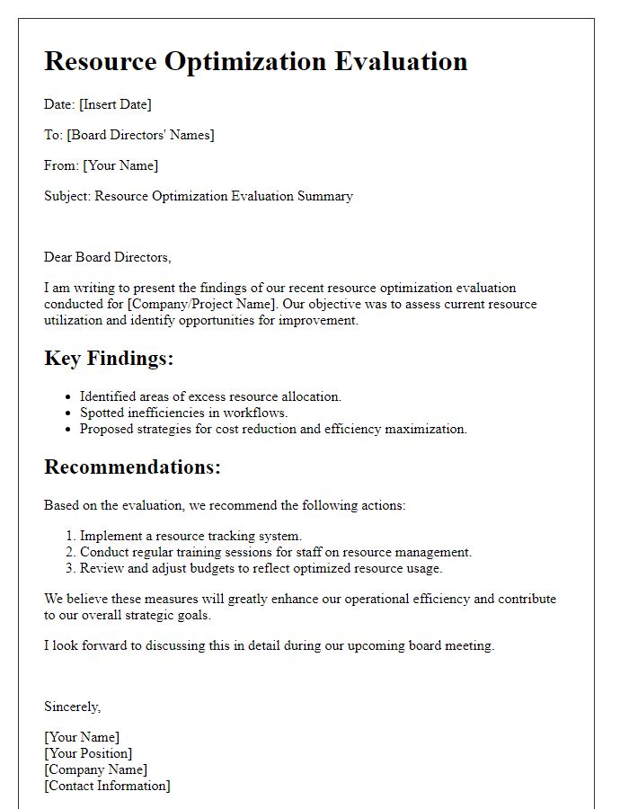 Letter template of resource optimization evaluation for board directors