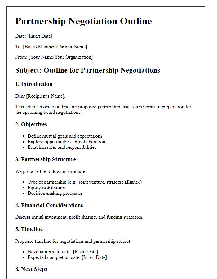 Letter template of partnership outline for board negotiations