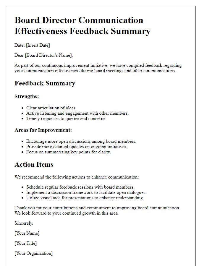 Letter template of board director communication effectiveness feedback summary