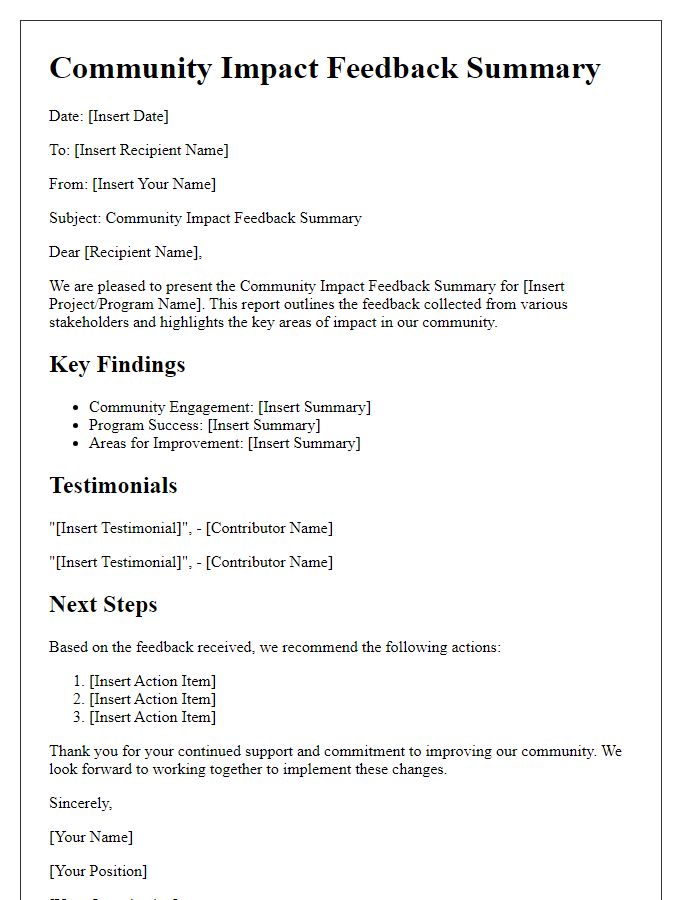 Letter template of board director community impact feedback summary