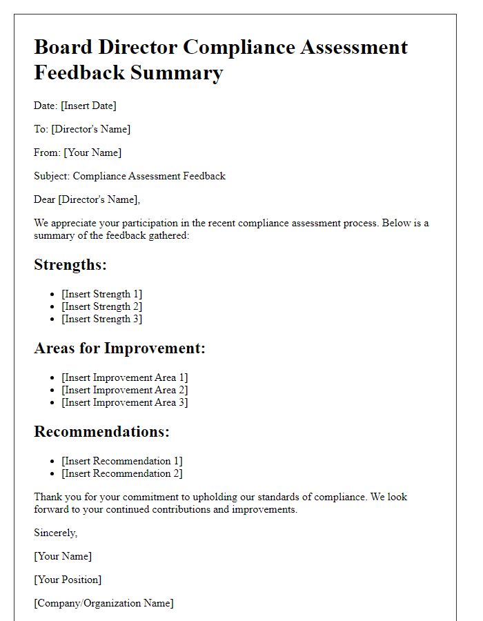 Letter template of board director compliance assessment feedback summary