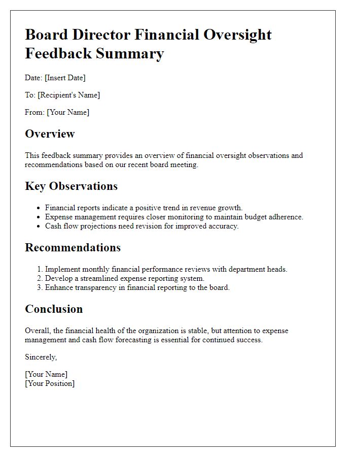 Letter template of board director financial oversight feedback summary