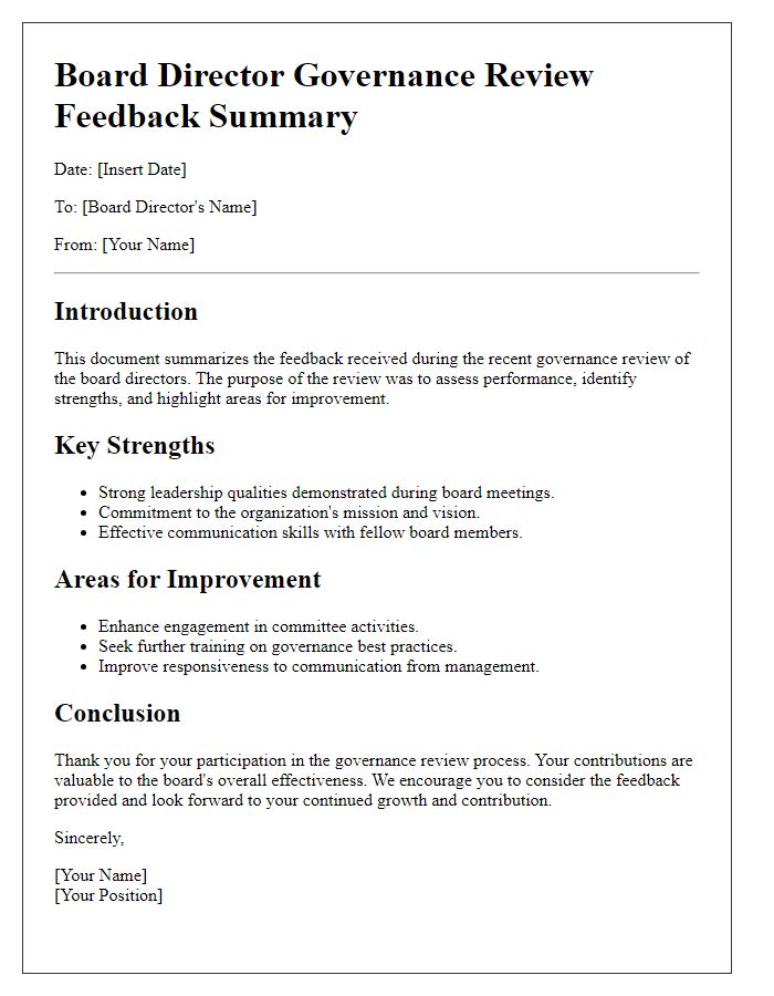 Letter template of board director governance review feedback summary