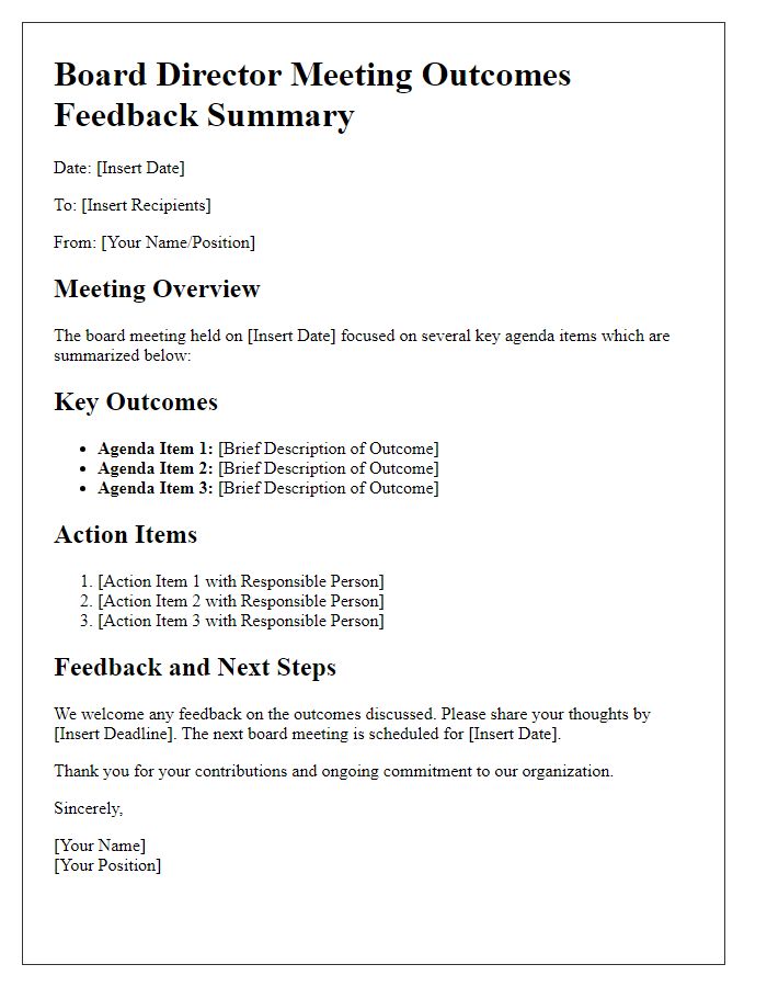 Letter template of board director meeting outcomes feedback summary