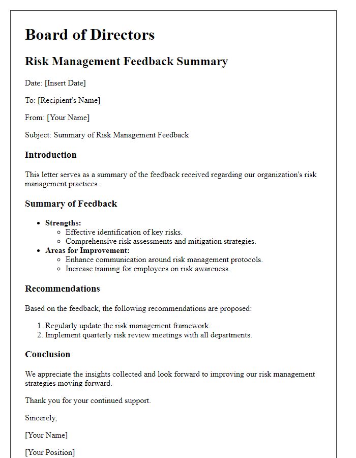 Letter template of board director risk management feedback summary