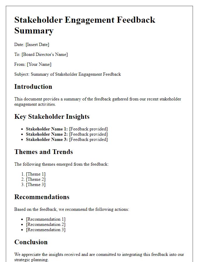 Letter template of board director stakeholder engagement feedback summary