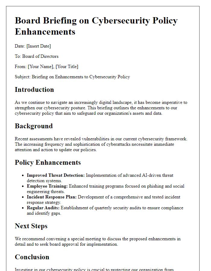 Letter template of board briefing on cybersecurity policy enhancements.