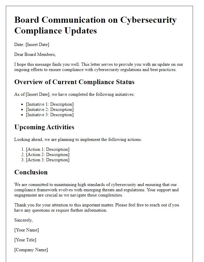 Letter template of board communication on cybersecurity compliance updates.