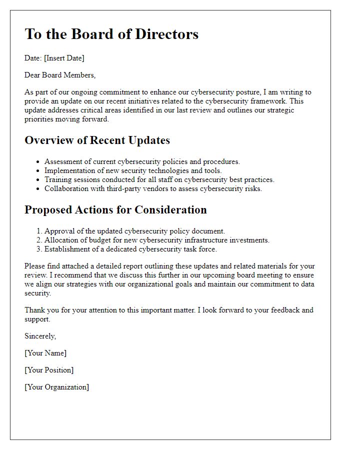 Letter template of cybersecurity framework update for board consideration.