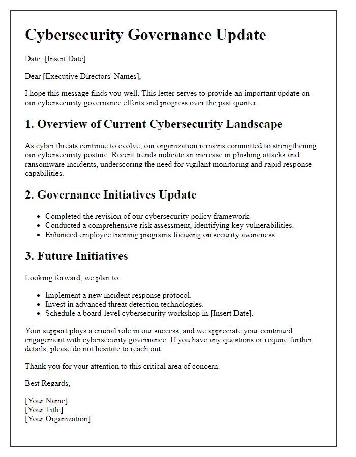 Letter template of cybersecurity governance update for executive directors.