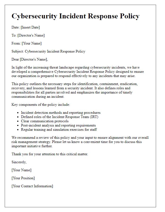 Letter template of cybersecurity incident response policy for directors.