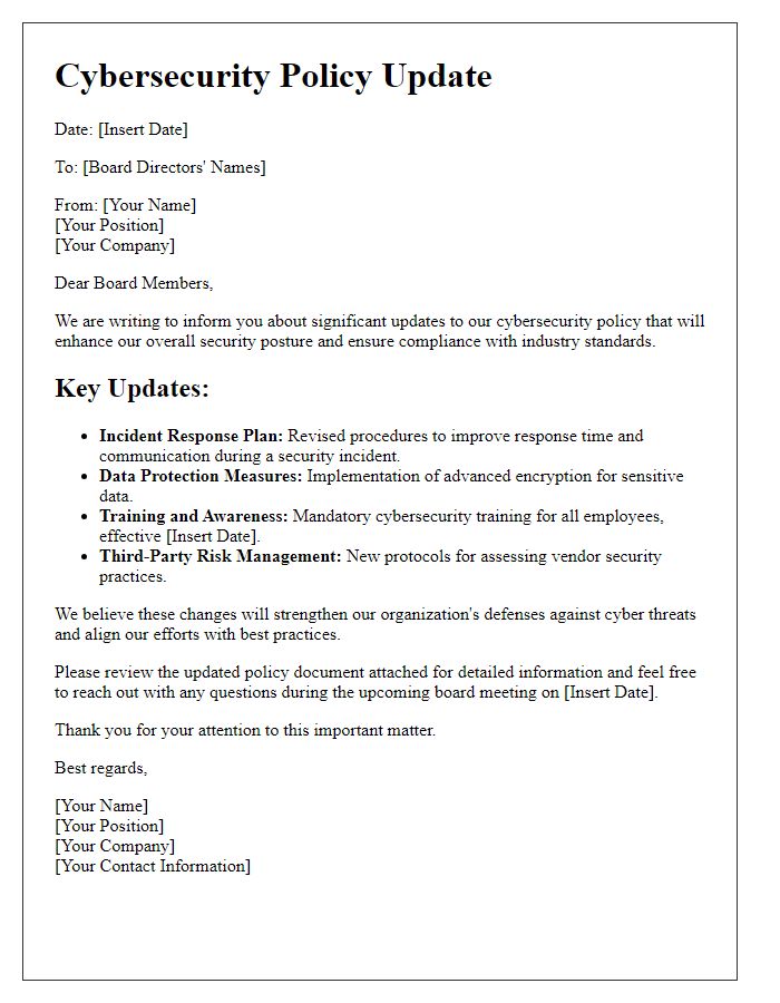 Letter template of cybersecurity policy update for board directors.