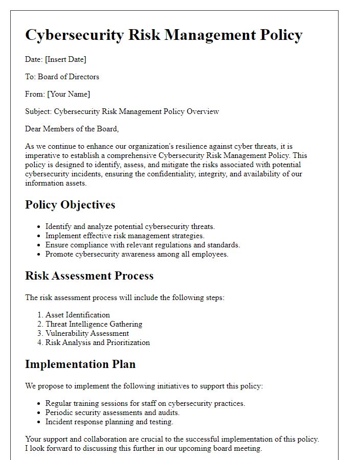 Letter template of cybersecurity risk management policy for the board.