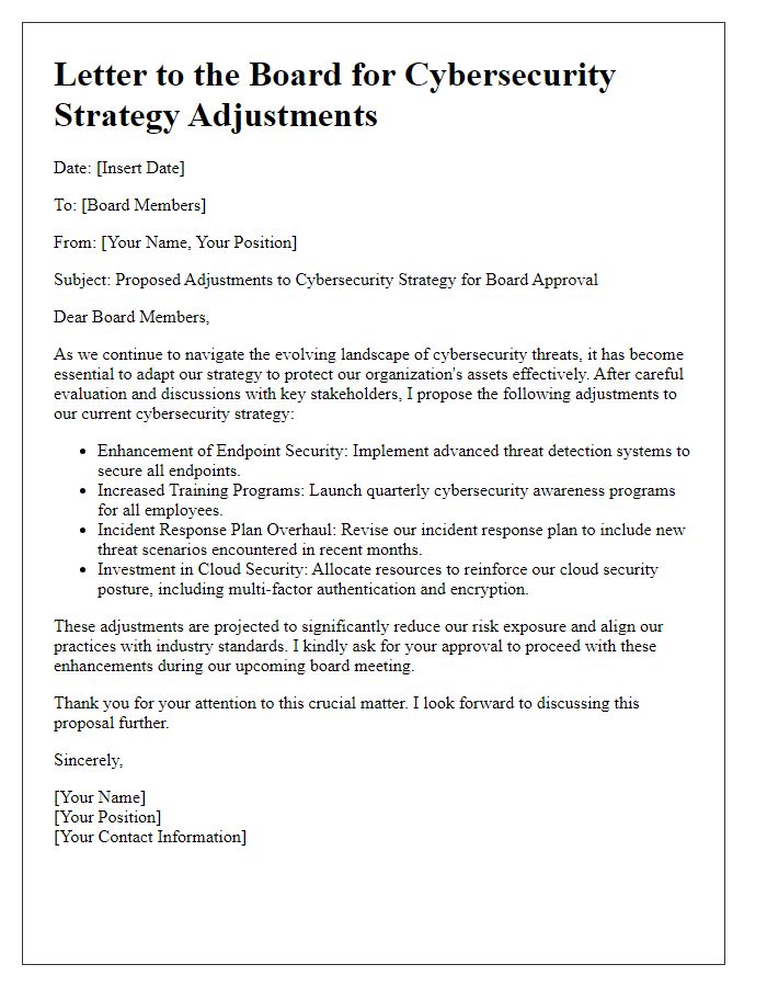 Letter template of cybersecurity strategy adjustments for board approval.