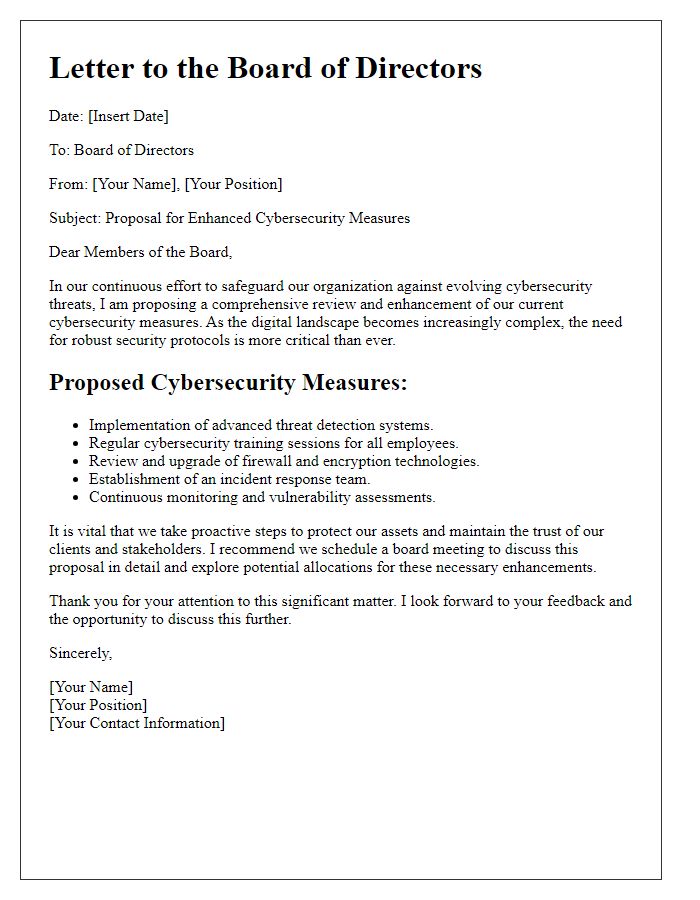 Letter template of enhanced cybersecurity measures for board review.