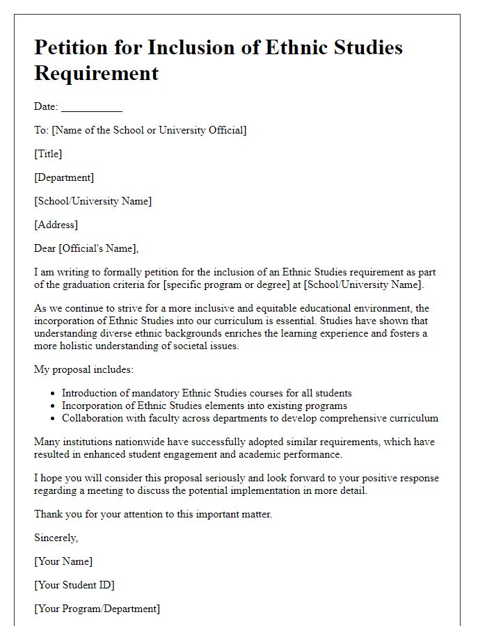 Letter template of petition for ethnic studies requirement for graduation.