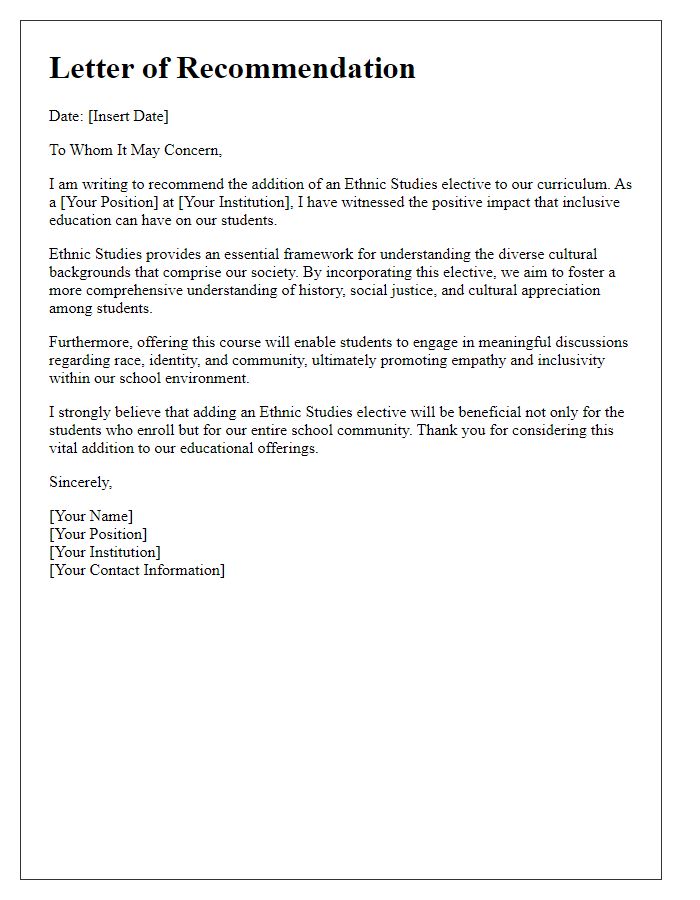 Letter template of recommendation for adding ethnic studies as an elective.