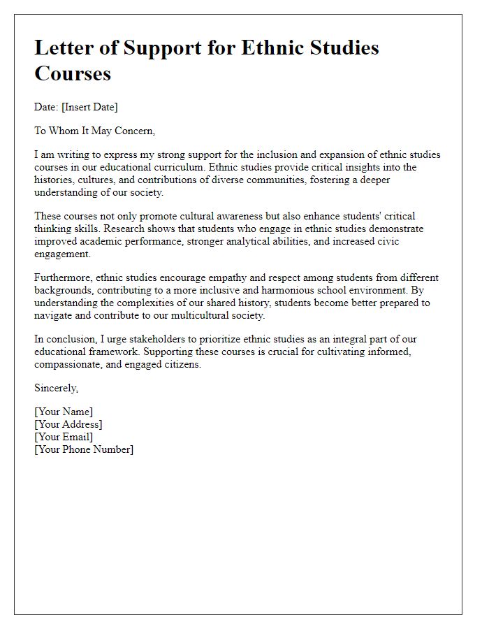 Letter template of support for ethnic studies courses and their impact.