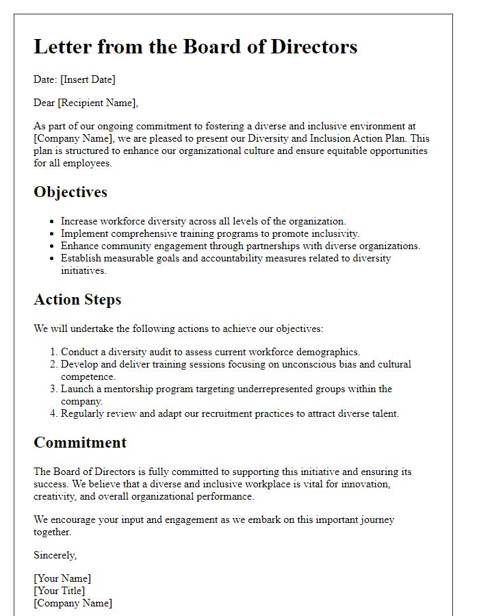 Letter template of board director diversity and inclusion action plan