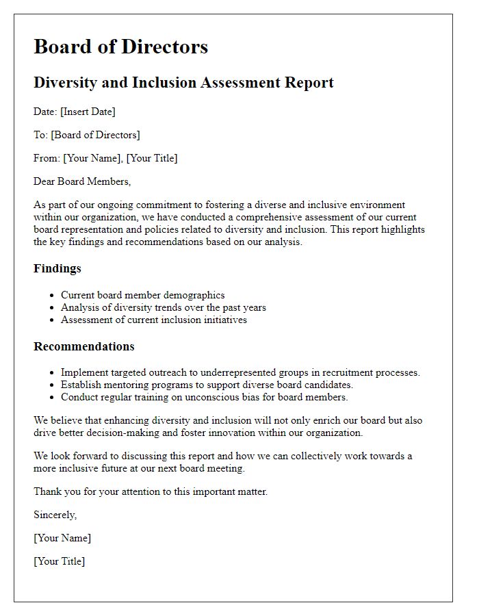 Letter template of board director diversity and inclusion assessment report