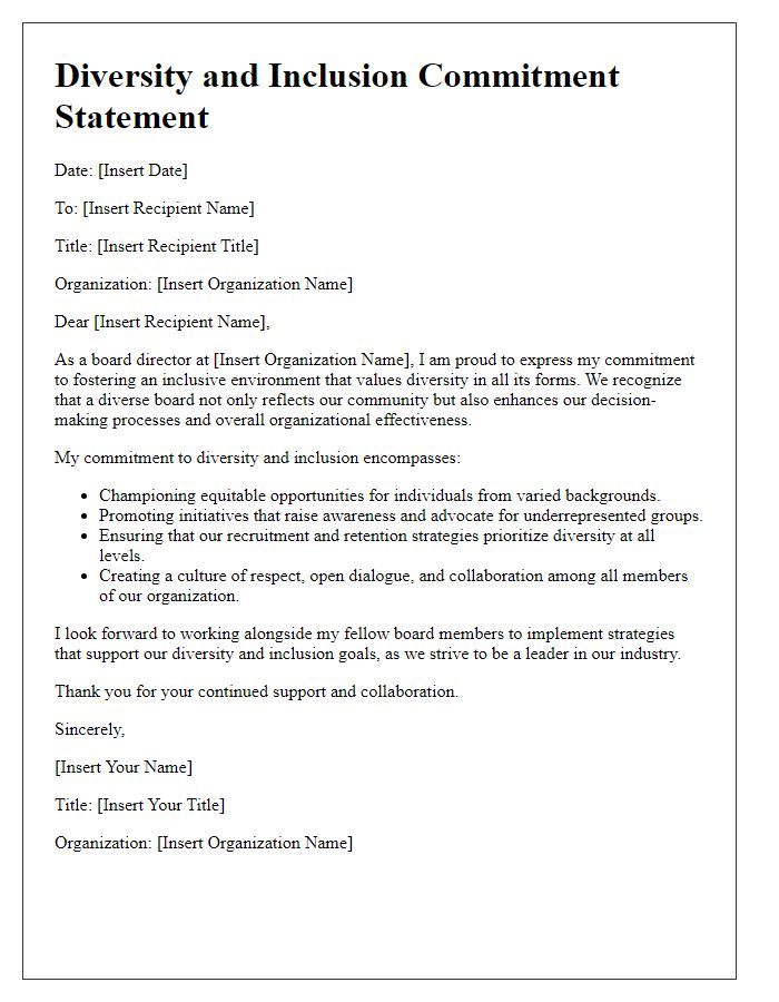 Letter template of board director diversity and inclusion commitment statement