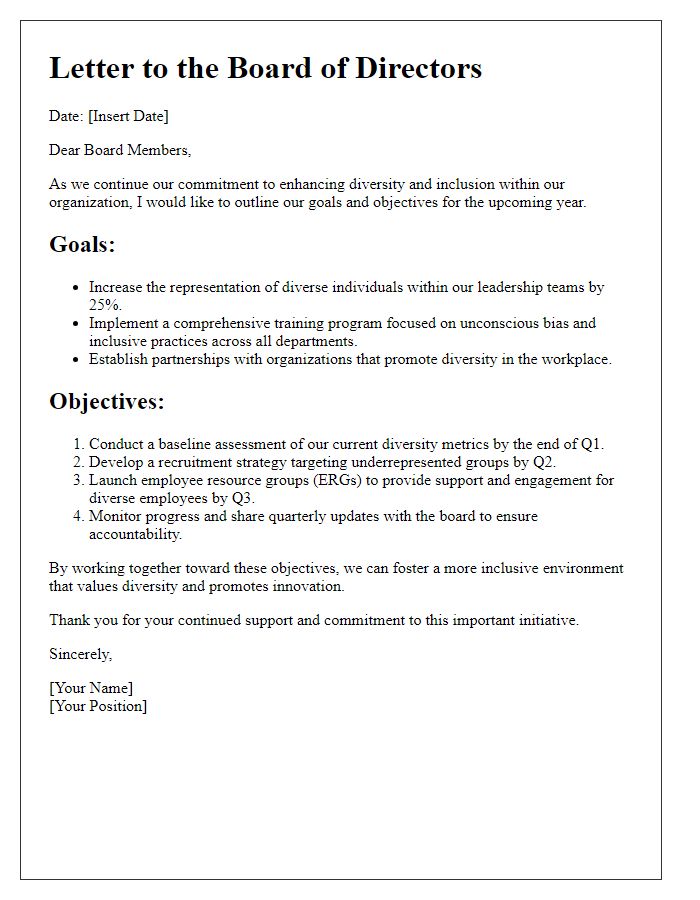 Letter template of board director diversity and inclusion goals and objectives