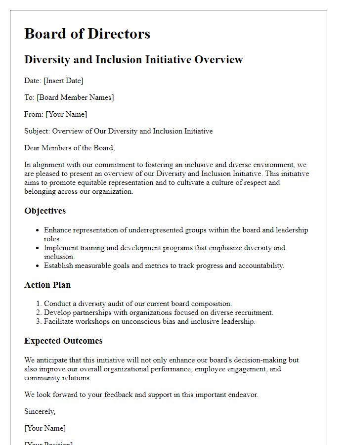 Letter template of board director diversity and inclusion initiative overview