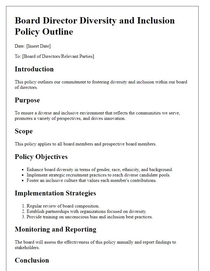 Letter template of board director diversity and inclusion policy outline