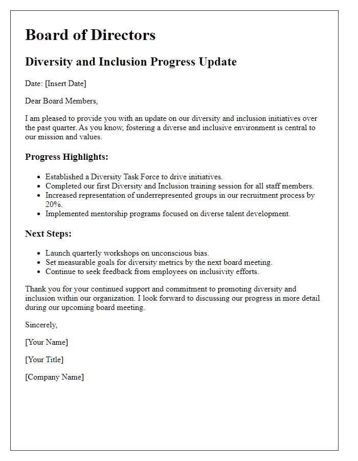 Letter template of board director diversity and inclusion progress update