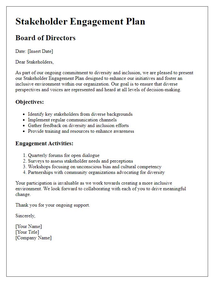 Letter template of board director diversity and inclusion stakeholder engagement plan