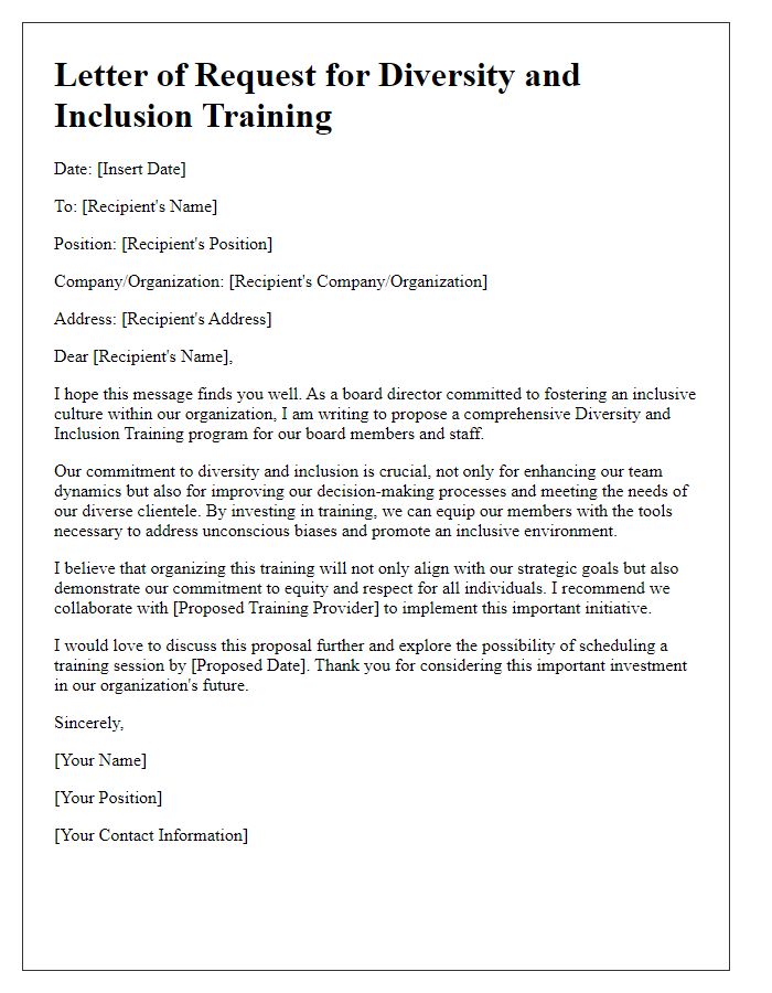 Letter template of board director diversity and inclusion training request