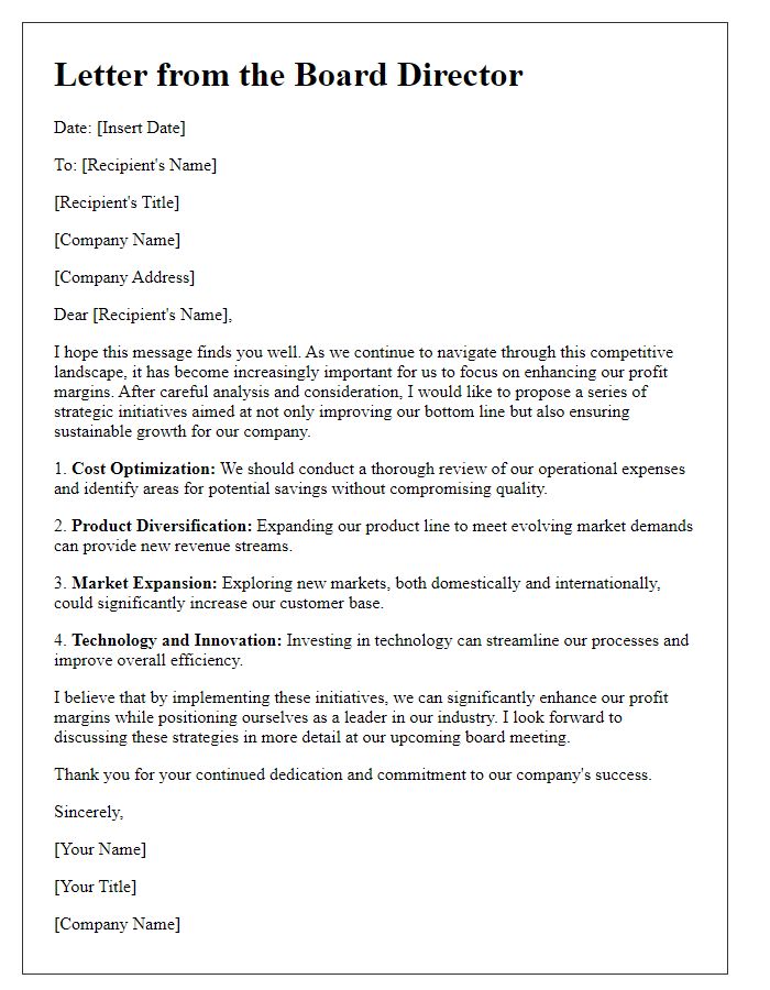 Letter template of board director on enhancing profit margins through strategic initiatives.