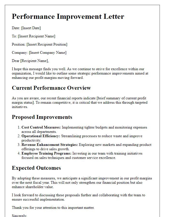 Letter template of board director outlining performance improvements for profit margin growth.