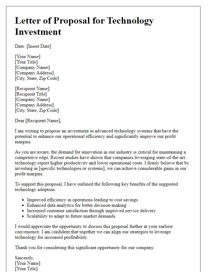 Letter template of board director proposing investment in technology to improve profit margins.