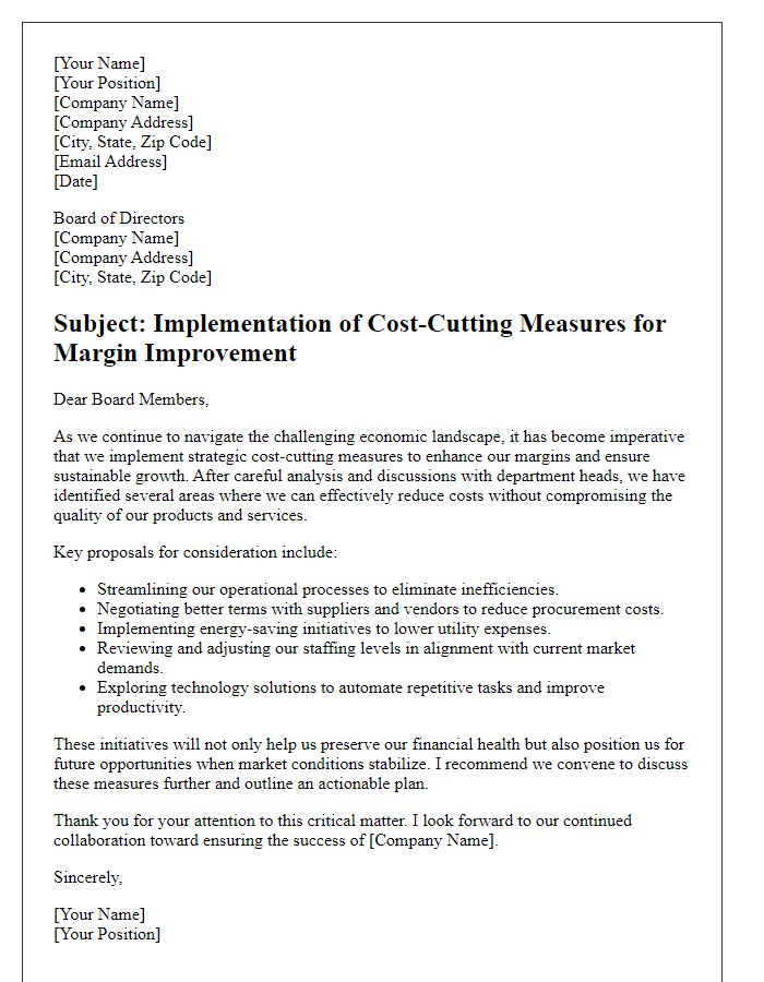 Letter template of board director regarding cost-cutting measures for margin improvement.