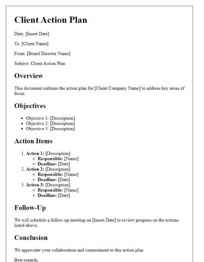 Letter template of board director client action plan